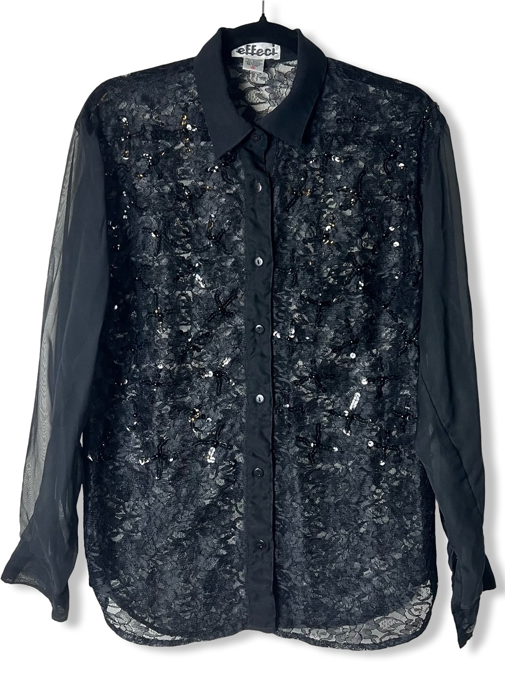 Effeci Vintage 90s Black Sheer Lace Sequin Button Up Blouse 80s Glam Goth Sz S